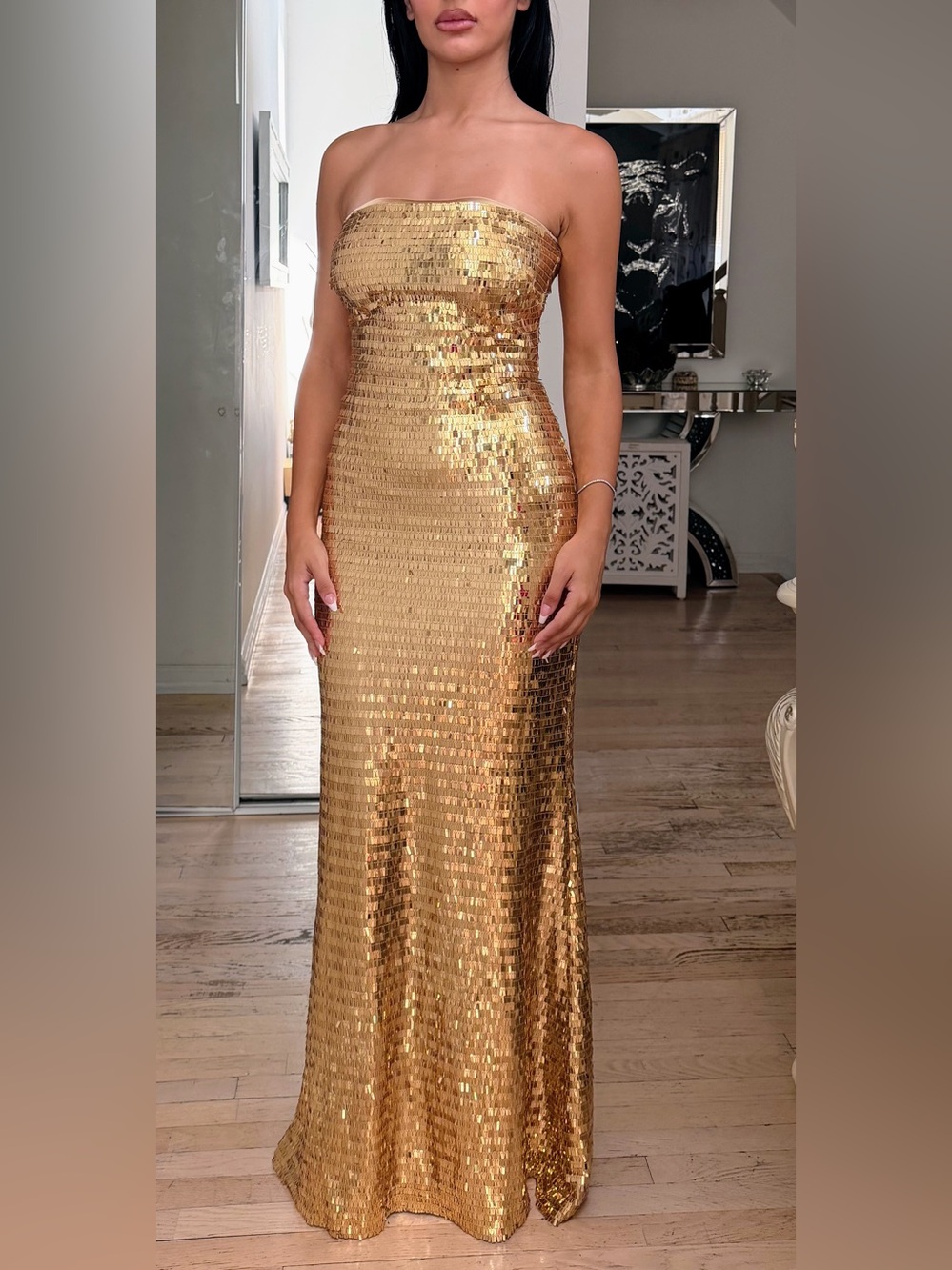 Simon Miller Gold Strapless Sequin Column Gown | Metallic Evening Dress